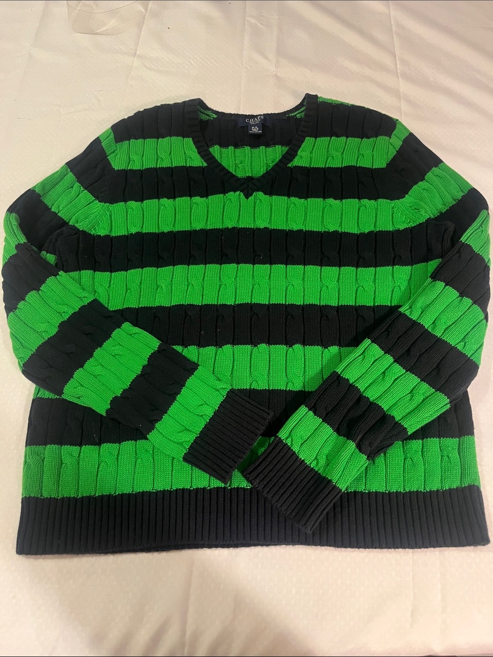 Chaps Black and Bright Green Striped V-Neck Sweater